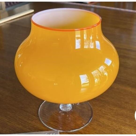Vintage Mid-Century Italian Empoli Bright Orange White Interior Pedestal Bowl. - Picture 1 of 10